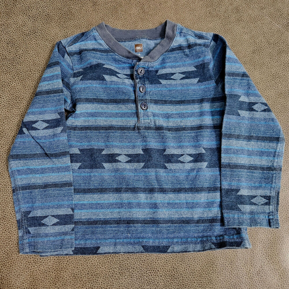 Tea Collection Blue Aztec Southwestern Stripe Long Sleeve Henley Shirt Size 3